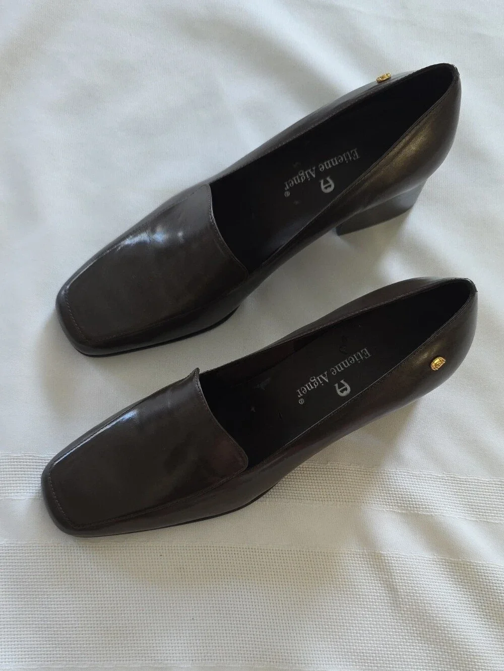 Vintage Etienne Aigner Dark Brown Leather Square Block Heel Pumps NOS 6 Samples